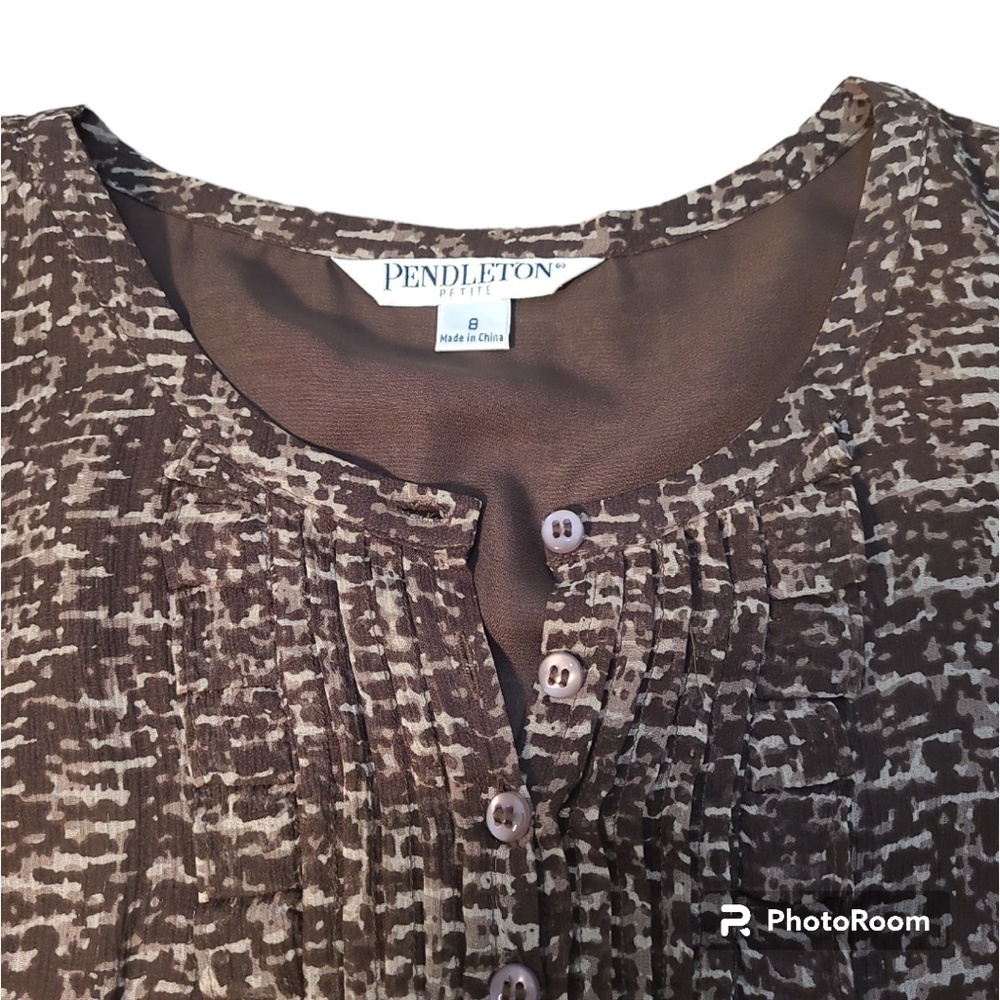 Pendleton 100% Silk Sheer Puff Sleeve Brown Blouse Petite 8 — Quiet Luxury Work - Picture 5 of 14